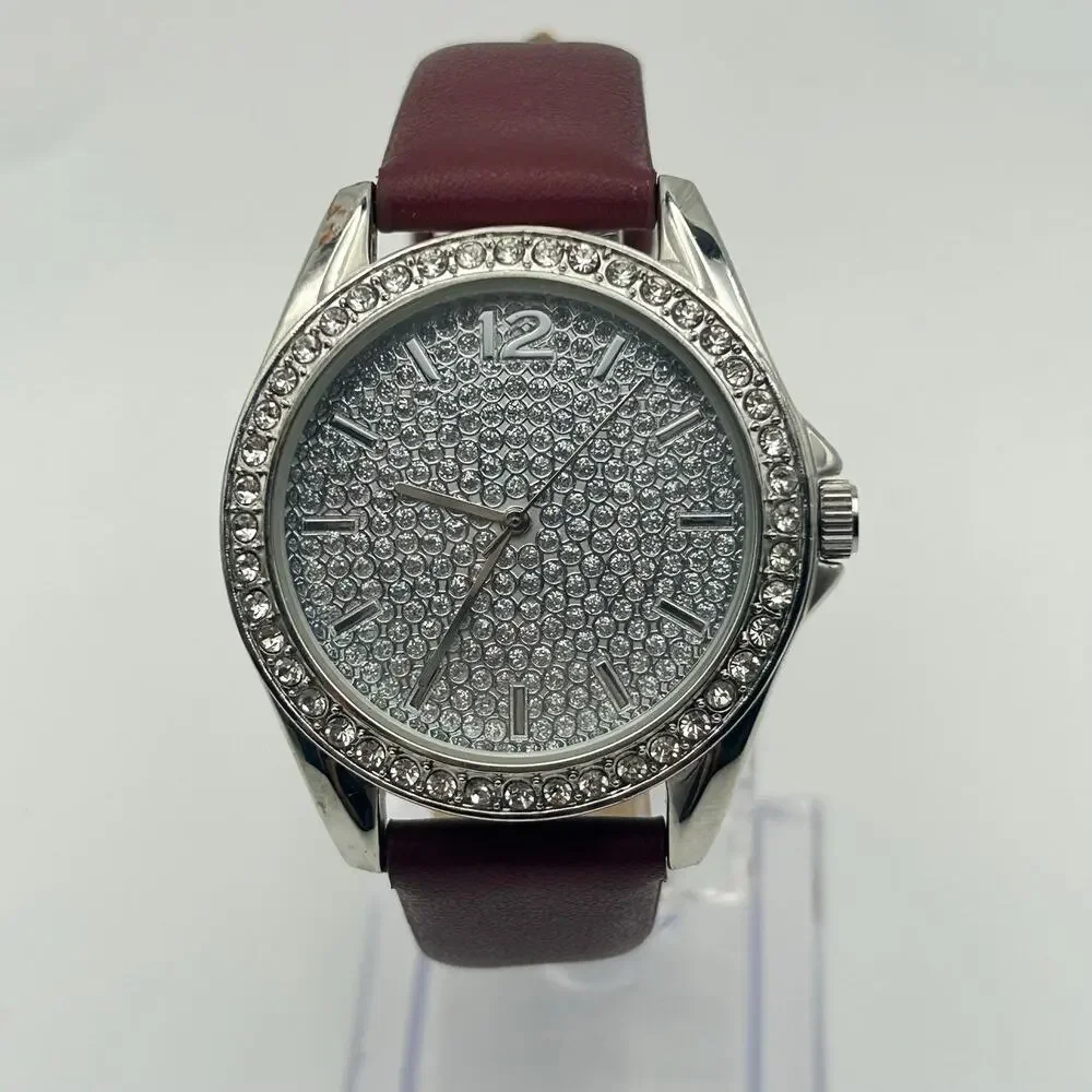 Women’s Silver-tone Dazzling Rhinestone Encrusted Dial Brown Leather Watch